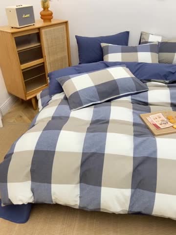 91家纺网 家纺一手货源 找家纺 柠萌家居 2022新A类全棉色织水洗棉无印风格四件套 蓝调格