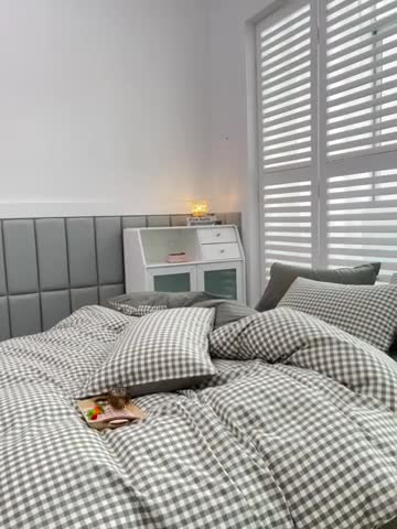 91家纺网 家纺一手货源 找家纺 柠萌家居 2022A类全棉色织水洗棉无印风格四件套 小格绿