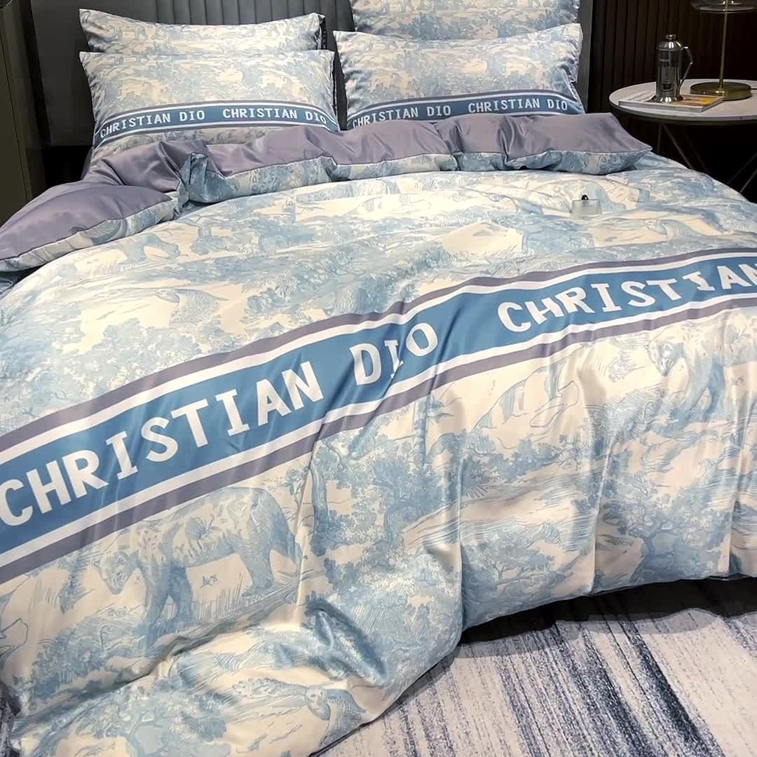 91家纺网 家纺一手货源 找家纺 摩卡 2022新款网红轻奢印花冰丝四件套 梦幻蓝