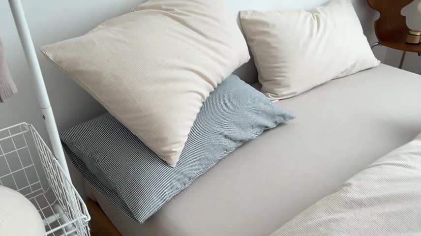 91家纺网 家纺一手货源 找家纺 梦享生活家居 2022新款条纹系列32色织水洗棉四件套米细条