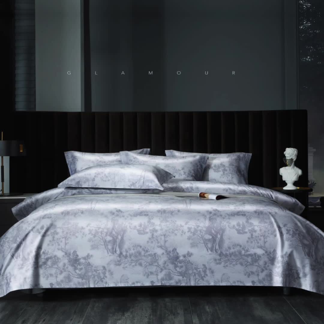 91家纺网 家纺一手货源 找家纺 缔缦 2022新款高端100s长绒棉数码印花系列四件套 图兰朵灰