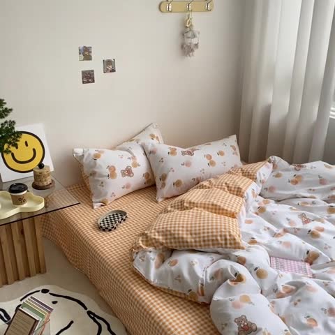 91家纺网 家纺一手货源 找家纺 雅居纺 2022新款全棉13070印花小清新四件套 樱桃熊