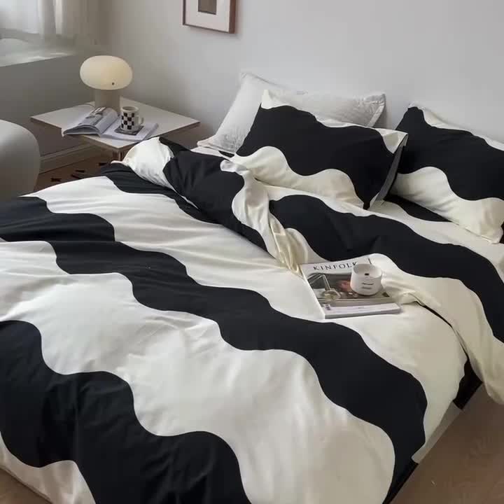 91家纺网 家纺一手货源 找家纺 梦家居 2022新款小清新系列全棉四件套 黑白波纹