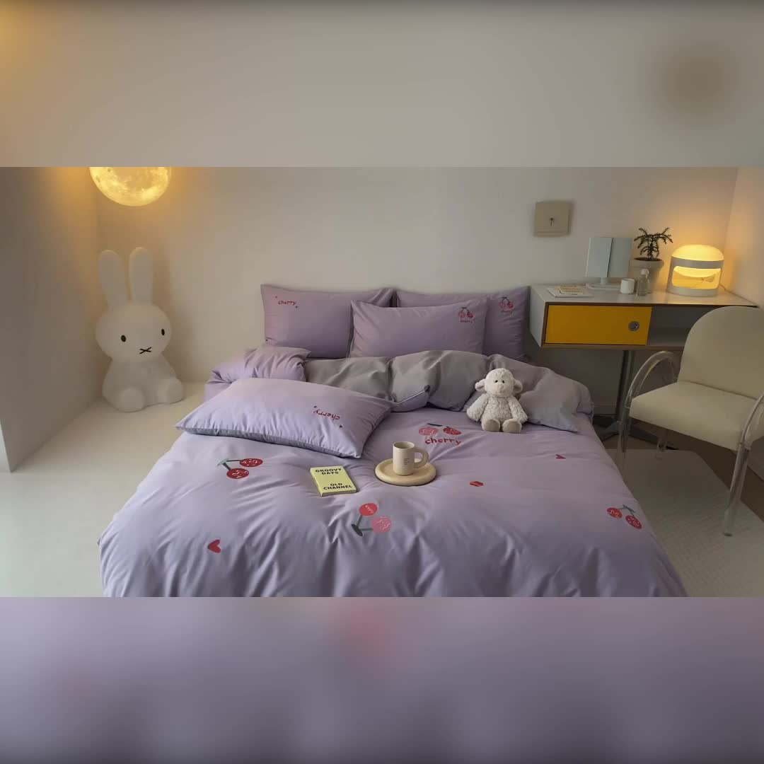 91家纺网 家纺一手货源 找家纺 沐棉 2022新款13376全棉刺绣四件套 樱桃-紫