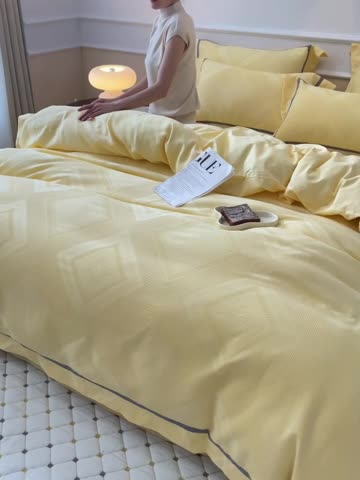 91家纺网 家纺一手货源 找家纺 艾莱2022新款华夫格全棉水洗棉四件套-卡诺凡卡诺凡-柠檬黄