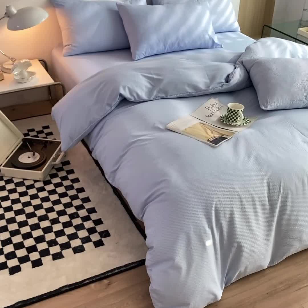 91家纺网 家纺一手货源 找家纺 慕澄家纺 2022新款华夫格简约款泡泡四件套 天空蓝