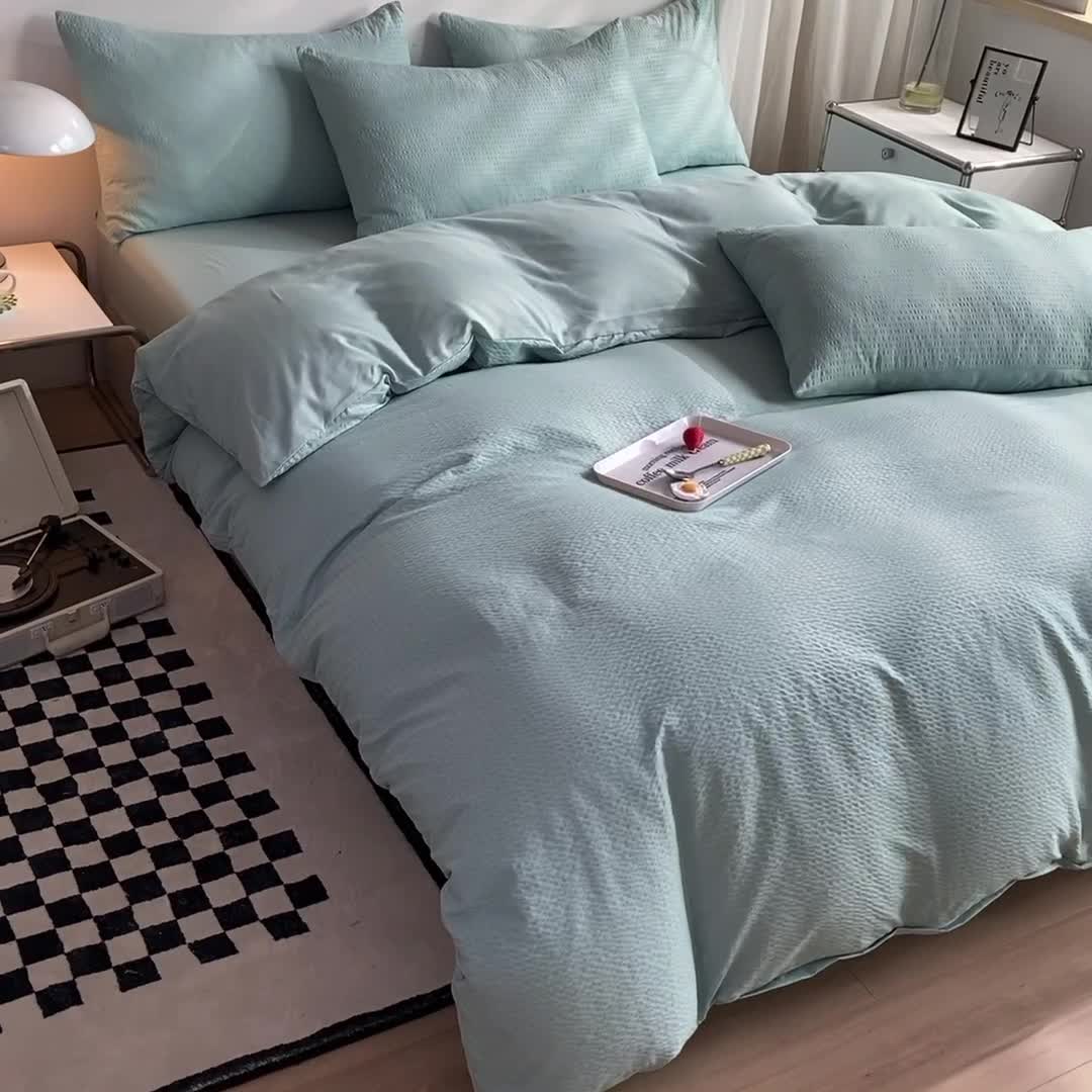 91家纺网 家纺一手货源 找家纺 慕澄家纺 2022新款华夫格简约款泡泡四件套 湖水绿