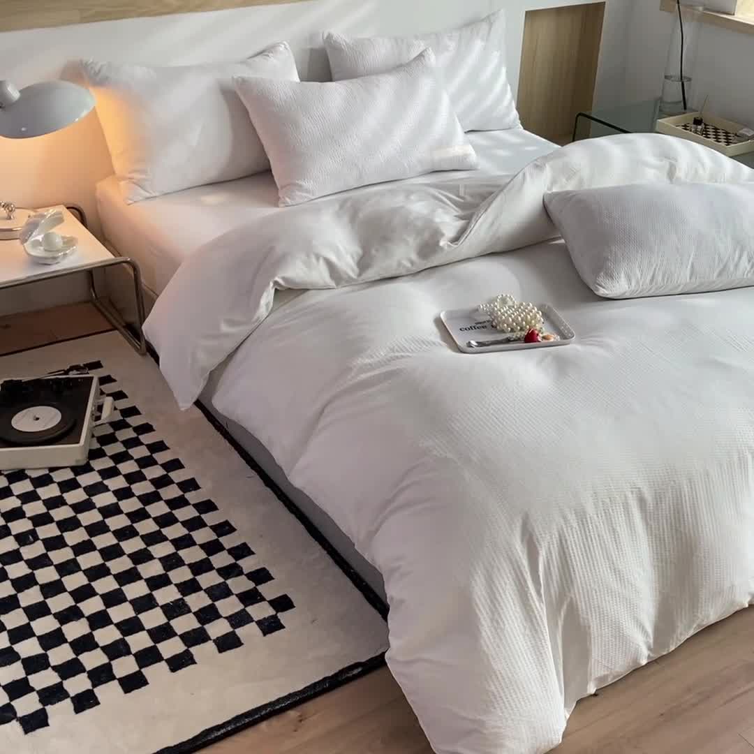 91家纺网 家纺一手货源 找家纺 慕澄家纺 2022新款华夫格简约款泡泡四件套 奶白色