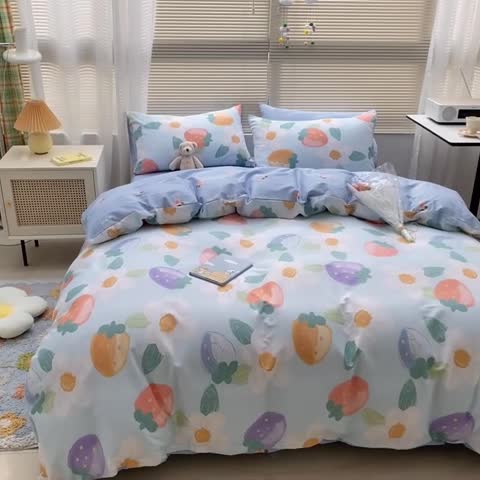 91家纺网 家纺一手货源 找家纺 金丝鸟家纺 2022新款全棉四件套 奶油草莓-蓝