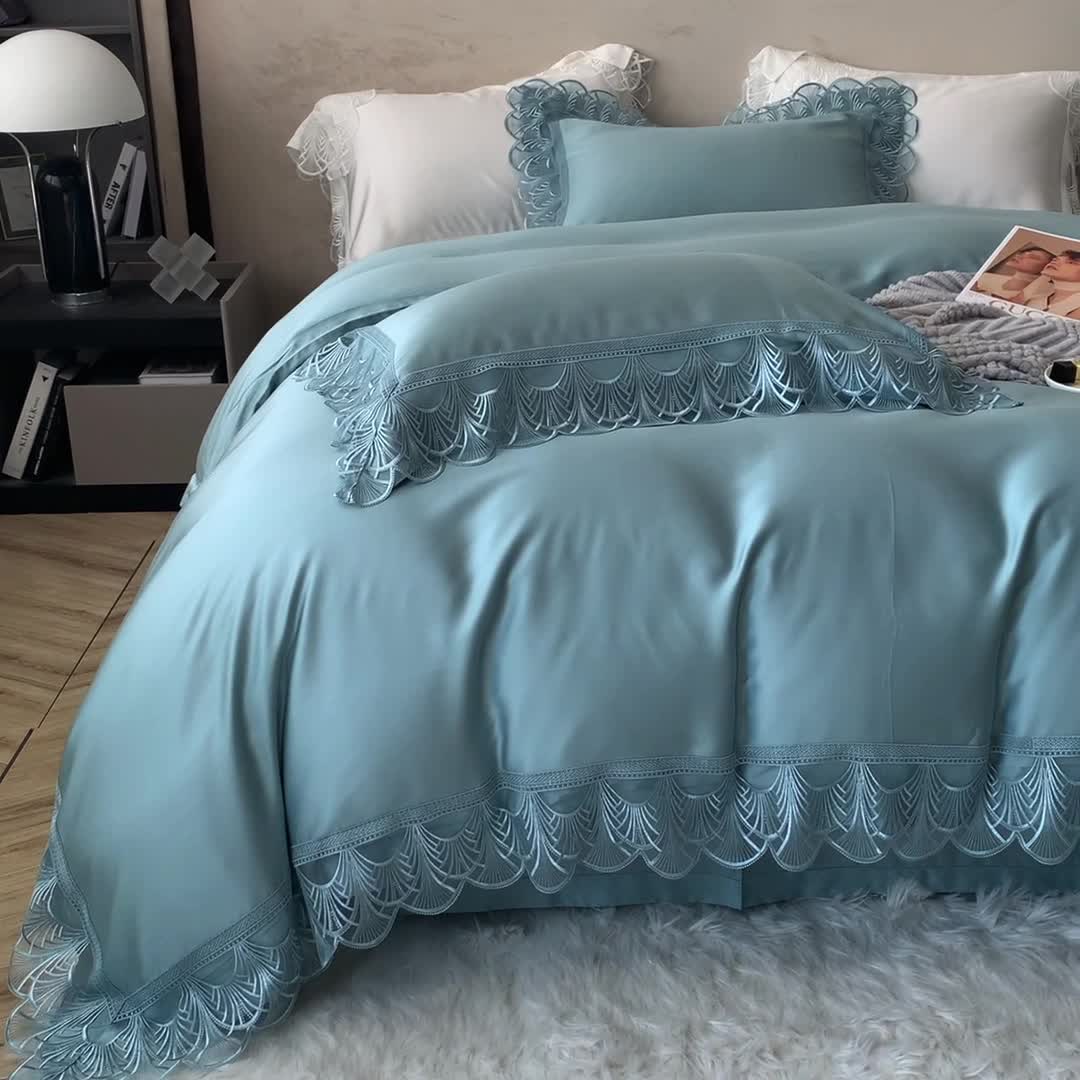 91家纺网 家纺一手货源 找家纺 （总）榻尚 新款LF80奥地利天丝四件套精致蕾丝花边款会员减20