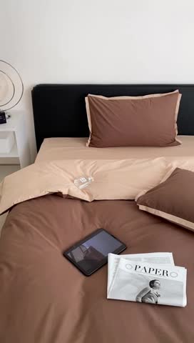 91家纺网 家纺一手货源 找家纺 2022新款100支水洗棉双拼全棉四件套纯棉套件 深咖双拼