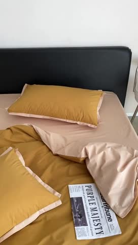 91家纺网 家纺一手货源 找家纺 2022新款100支水洗棉双拼全棉四件套纯棉套件 奥丁黄双拼