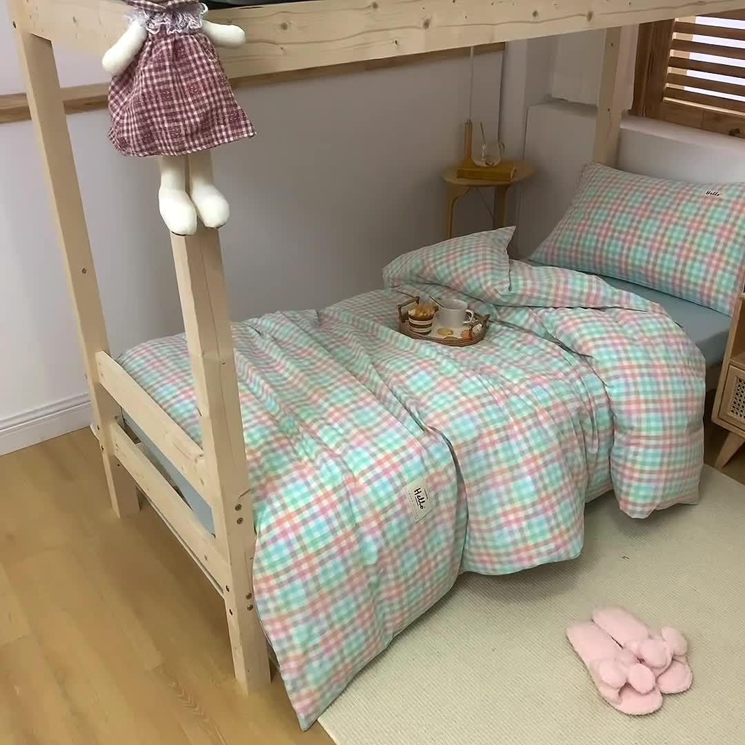 91家纺网 家纺一手货源 找家纺 总 柠萌2025新款A类全棉色织水洗棉学生上下铺全棉三件套