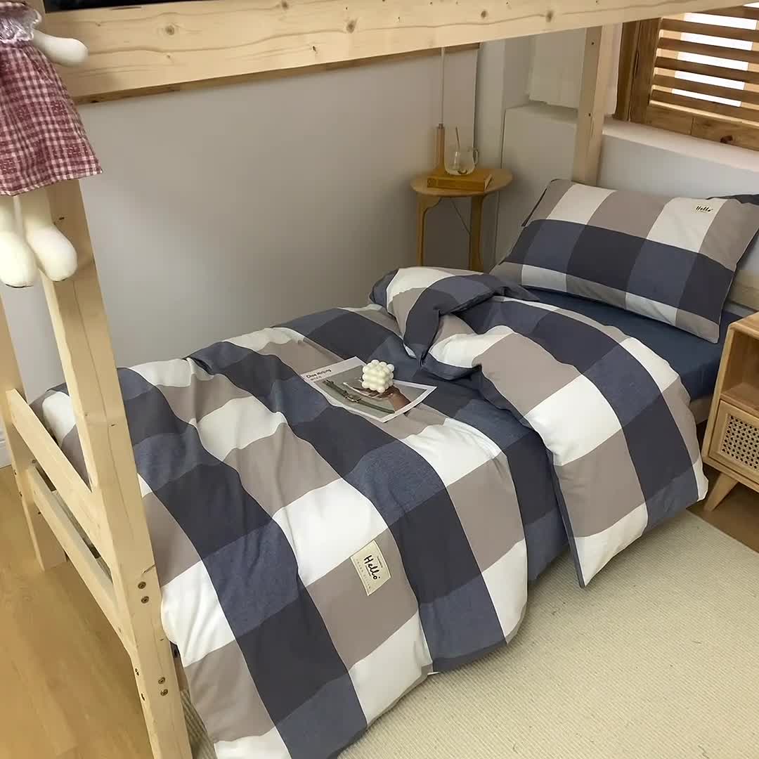 91家纺网 家纺一手货源 找家纺 柠萌 新款A类全棉色织水洗棉学生上下铺全棉三件套 蓝大格