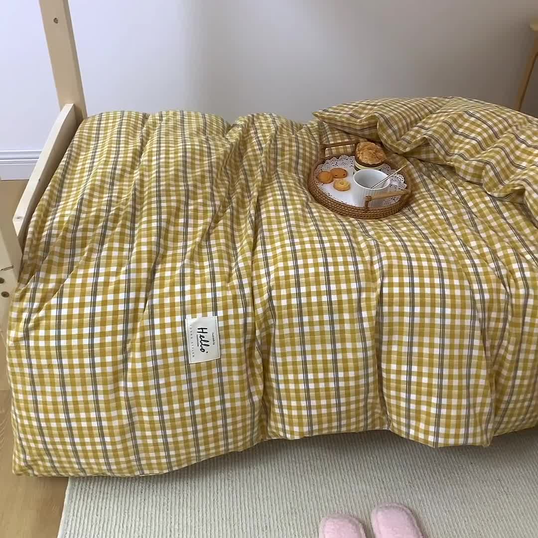 91家纺网 家纺一手货源 找家纺 柠萌 新款A类全棉色织水洗棉学生上下铺全棉三件套 姜黄小格