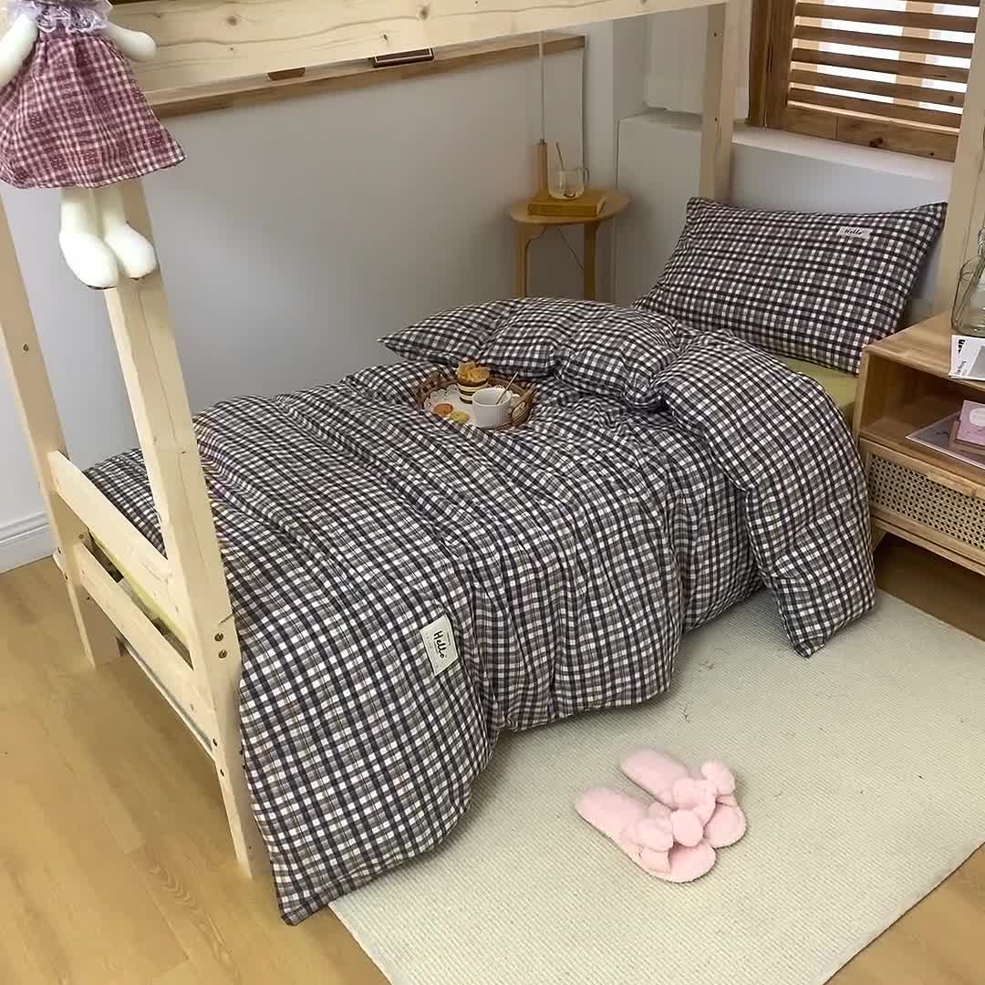 91家纺网 家纺一手货源 找家纺 柠萌 新款A类全棉色织水洗棉学生上下铺全棉三件套 灰黄小格