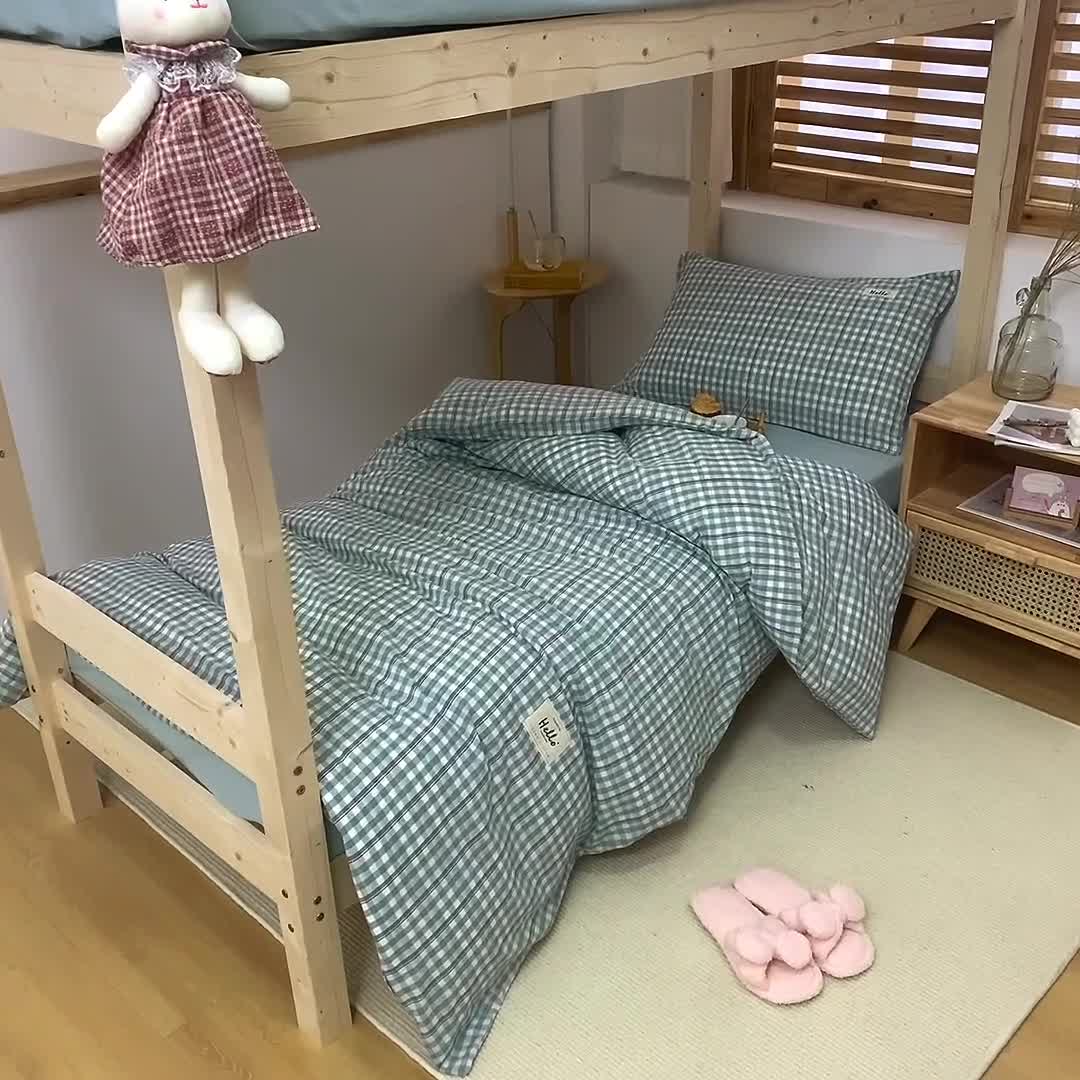 91家纺网 家纺一手货源 找家纺 柠萌 新款A类全棉色织水洗棉学生上下铺全棉三件套 海蓝小格