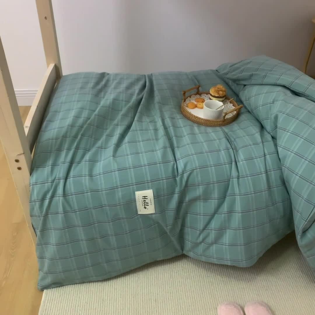91家纺网 家纺一手货源 找家纺 柠萌 新款A类全棉色织水洗棉学生上下铺全棉三件套 海蓝格