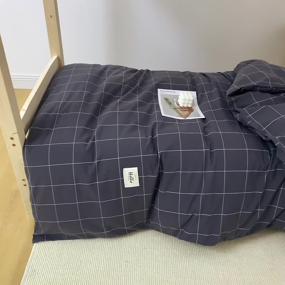 91家纺网 家纺一手货源 找家纺 柠萌 新款A类全棉色织水洗棉学生上下铺全棉三件套 格纹冷灰