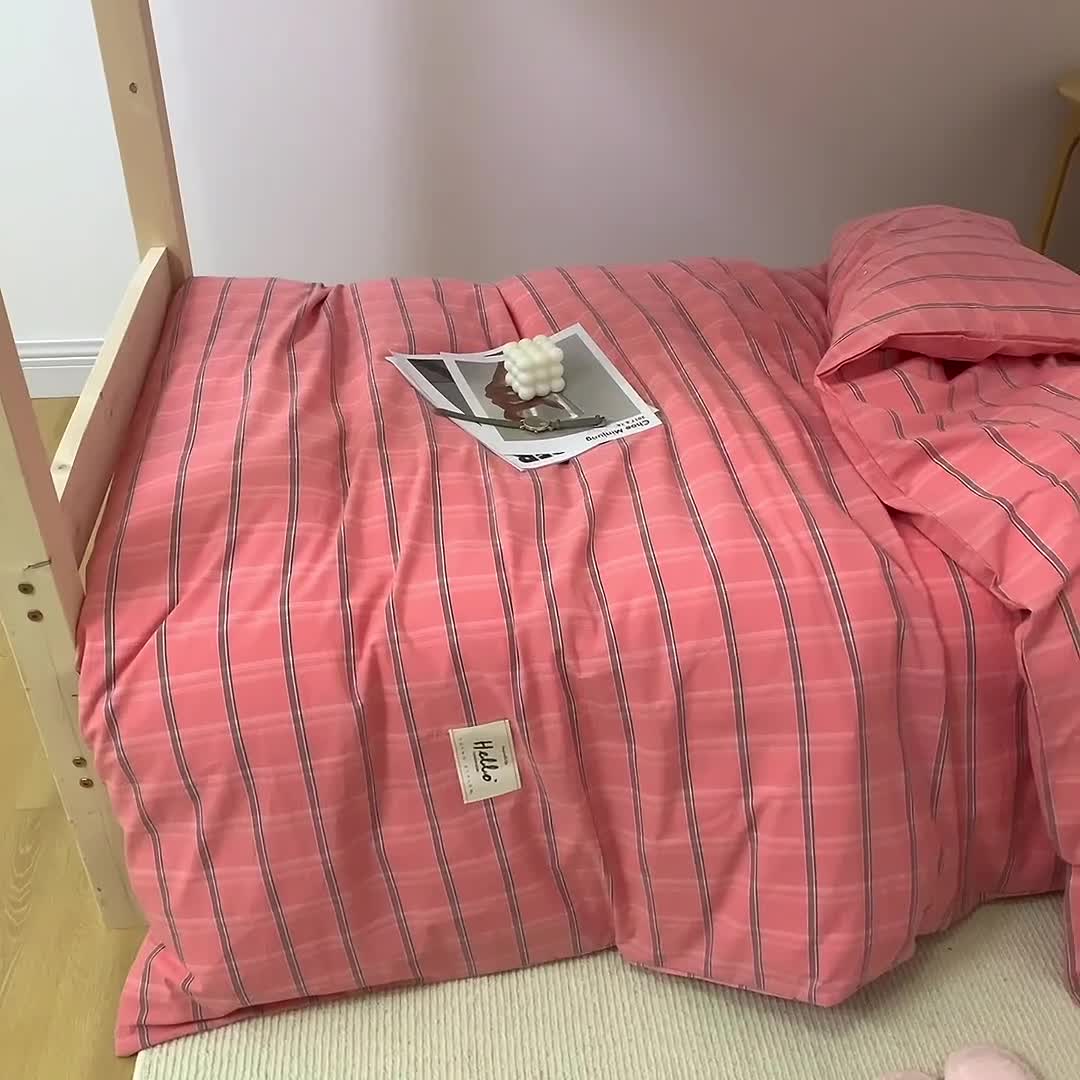 91家纺网 家纺一手货源 找家纺 柠萌 新款A类全棉色织水洗棉学生上下铺全棉三件套 粉灰格