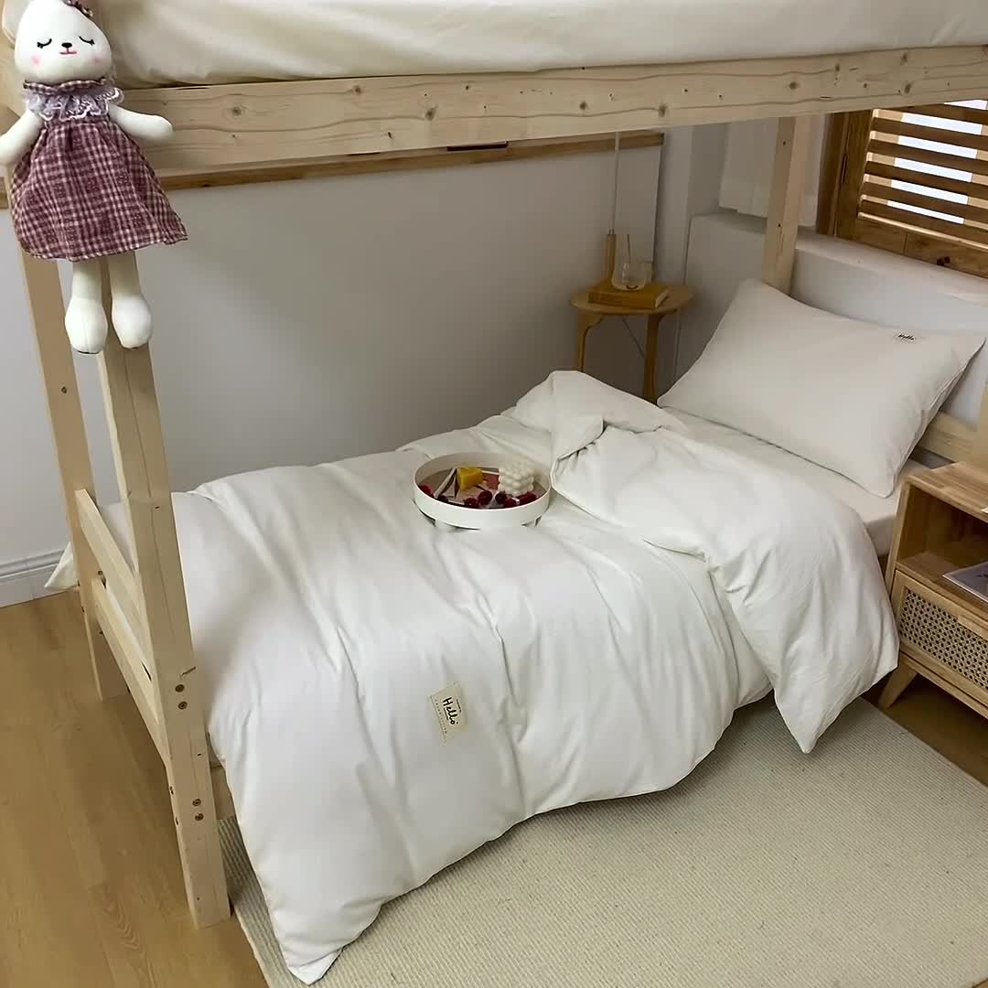 91家纺网 家纺一手货源 找家纺 柠萌 新款A类全棉色织水洗棉学生上下铺全棉三件套 纯白