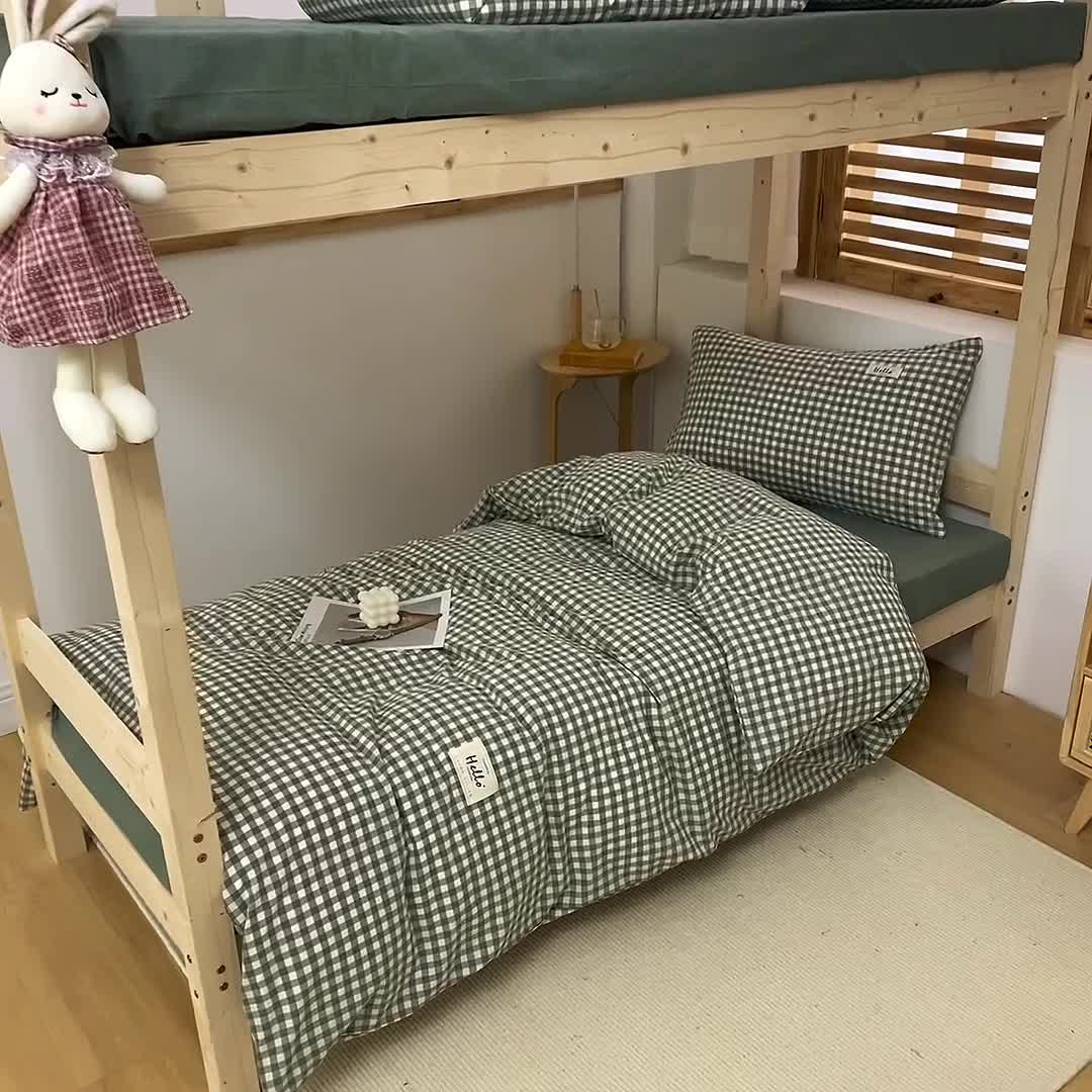 91家纺网 家纺一手货源 找家纺 柠萌 新款A类全棉色织水洗棉学生上下铺全棉三件套 草绿小格