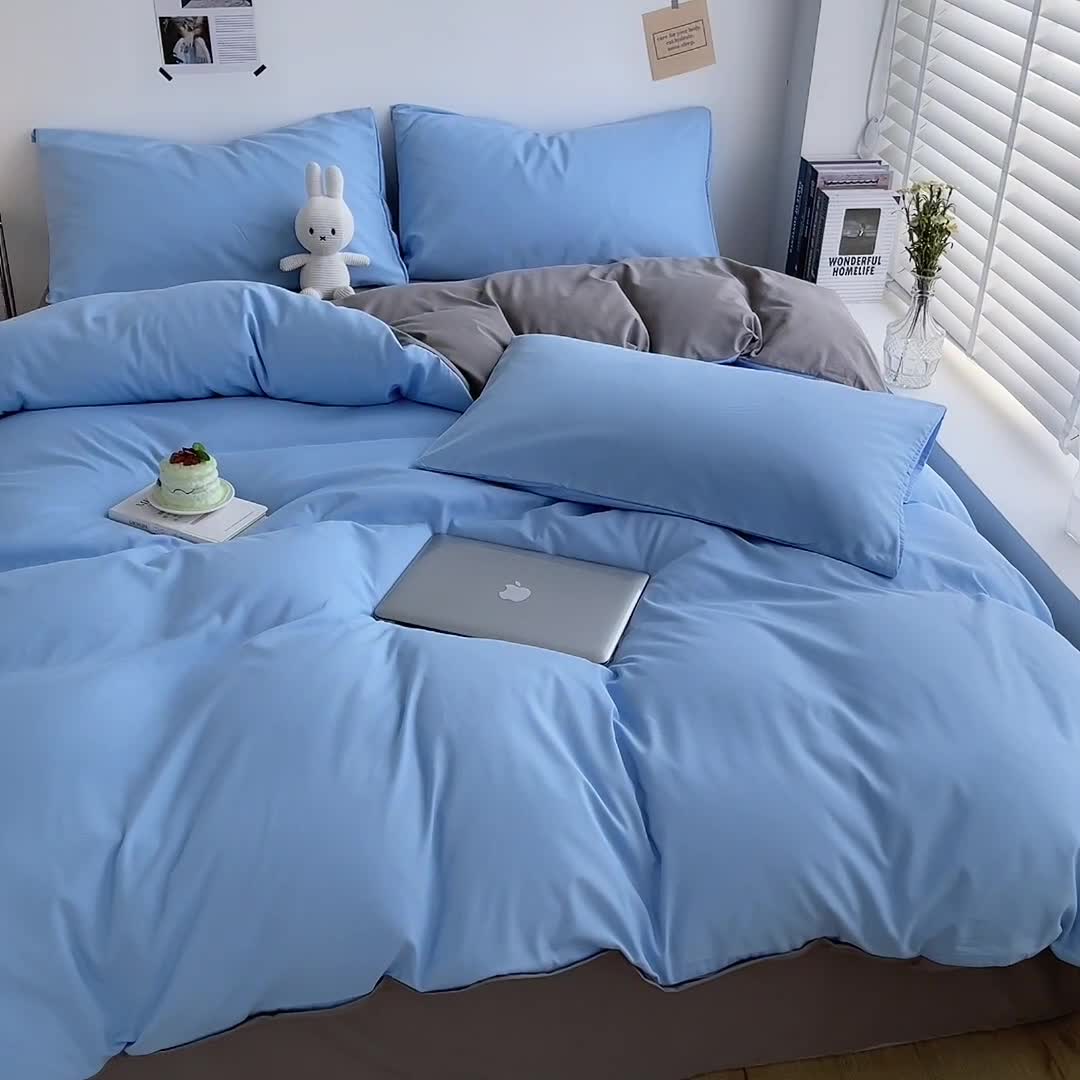 91家纺网 家纺一手货源 找家纺 曼璐家纺 105克加厚水洗棉日系无印风纯色被套床单床笠三件套浅蓝灰