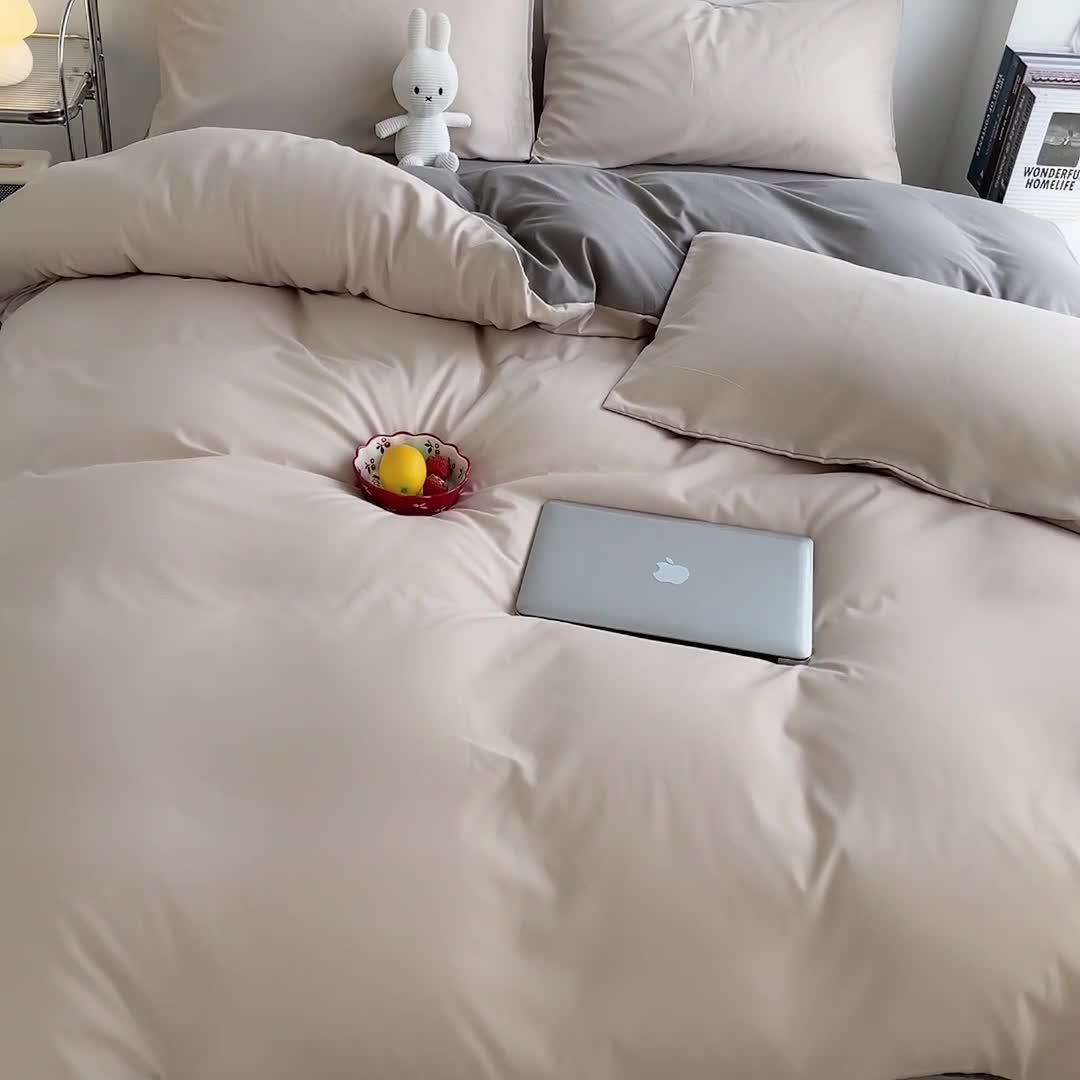 91家纺网 家纺一手货源 找家纺 曼璐家纺 105克加厚水洗棉日系无印风纯色被套床单床笠三件套卡其灰