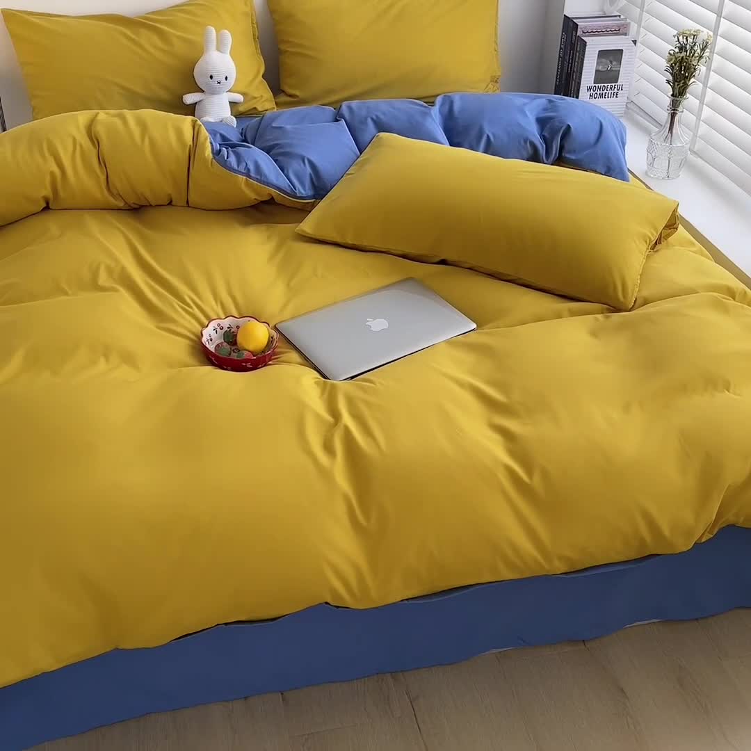 91家纺网 家纺一手货源 找家纺 曼璐家纺 105克加厚水洗棉日系无印风纯色被套床单床笠三件套姜黄兰