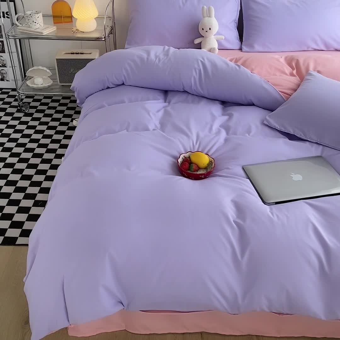 91家纺网 家纺一手货源 找家纺 曼璐家纺 105克加厚水洗棉日系无印风纯色被套床单床笠三件套丁香玉