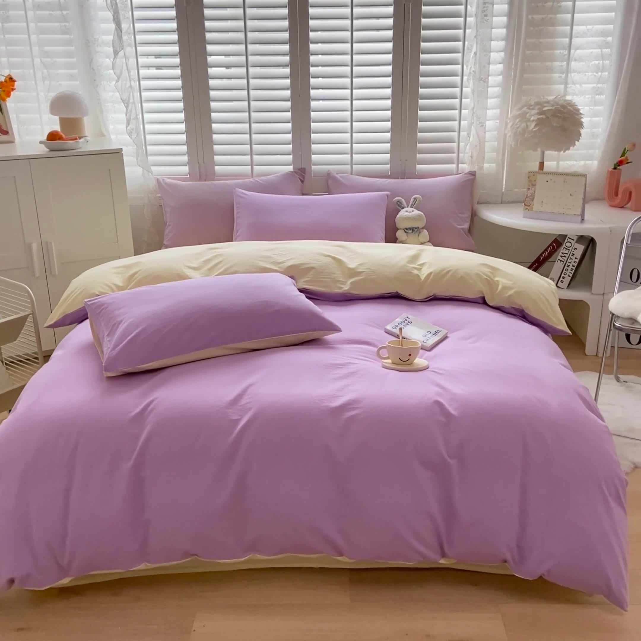 91家纺网 家纺一手货源 找家纺 雨帆家纺 2023新款ins风水洗棉磨毛四件套 紫芝士双拼