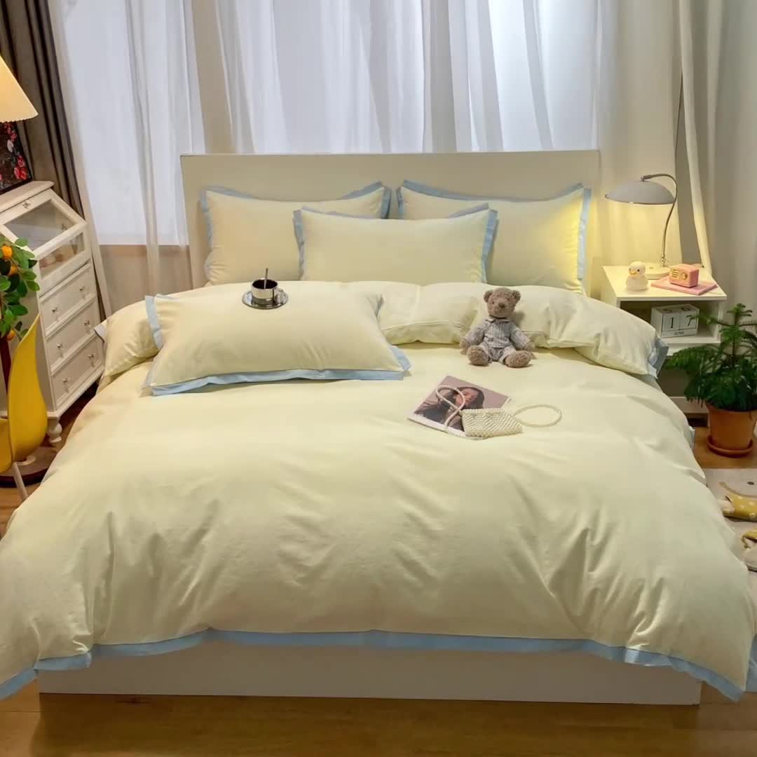 91家纺网 家纺一手货源 找家纺 眠帛家居 2022新款水洗棉磨毛拼色嵌边四件套 奶黄-天空蓝