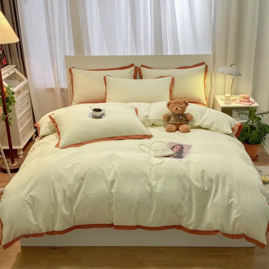 91家纺网 家纺一手货源 找家纺 眠帛家居 2022新款水洗棉磨毛拼色嵌边四件套 奶黄-焦糖