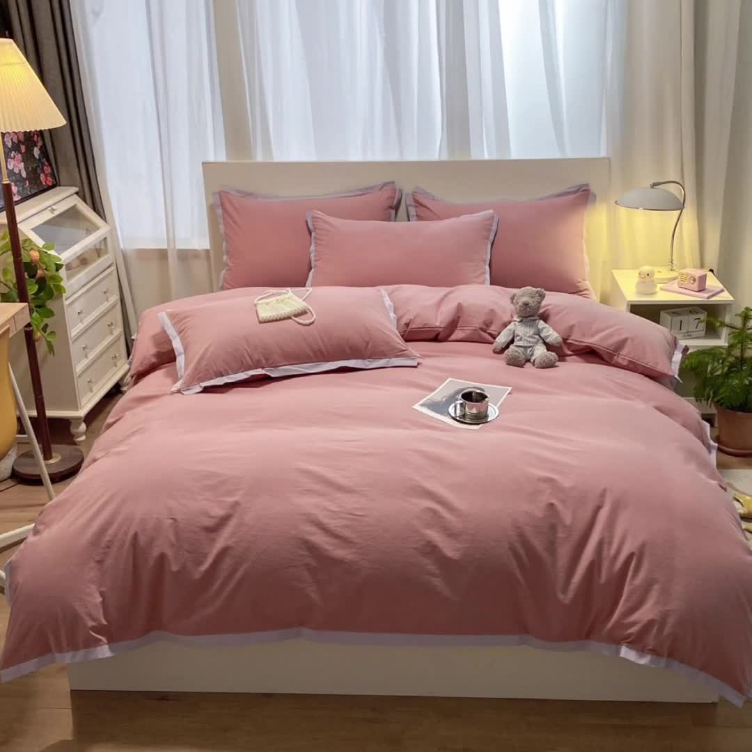 91家纺网 家纺一手货源 找家纺 眠帛家居 2022新款水洗棉磨毛拼色嵌边四件套 豆沙-浅紫