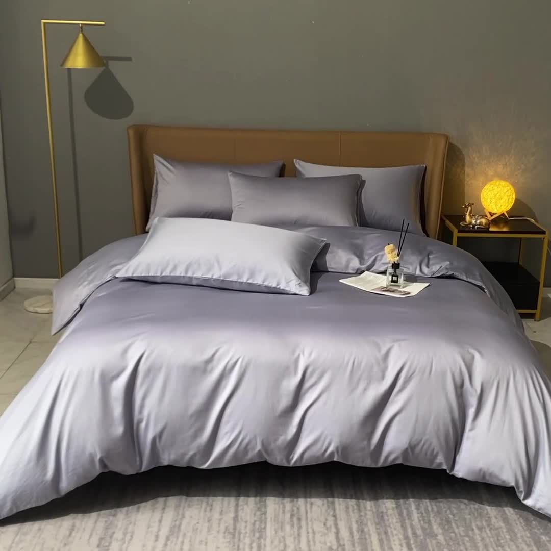 91家纺网 家纺一手货源 找家纺 2022新款纯棉50支双股贡缎长绒棉纯色四件套全棉-纯沐绫兰灰