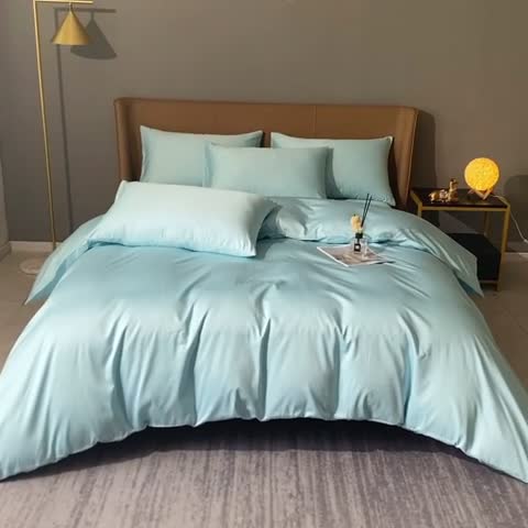 91家纺网 家纺一手货源 找家纺 2022新款纯棉50支双股贡缎长绒棉纯色四件套全棉-纯沐浅天蓝