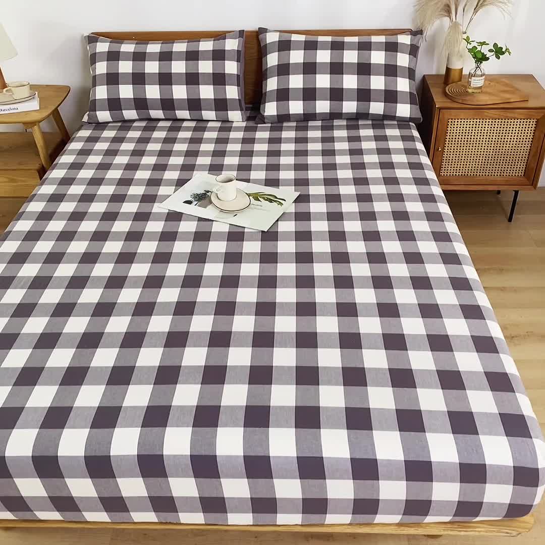 91家纺网 家纺一手货源 找家纺 蓝巢 2022新款全棉色织水洗棉单床笠 灰中格