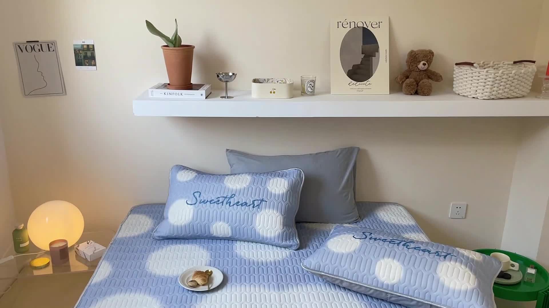 91家纺网 家纺一手货源 找家纺 顾里家纺 2022新款韩系凉感印花大版软席 蓝波点爱心