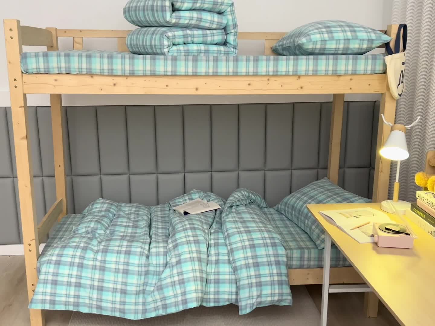 91家纺网 家纺一手货源 找家纺 柠萌家居 A类全棉色织水洗棉三件套学生季宿舍上下铺 简爱绿格