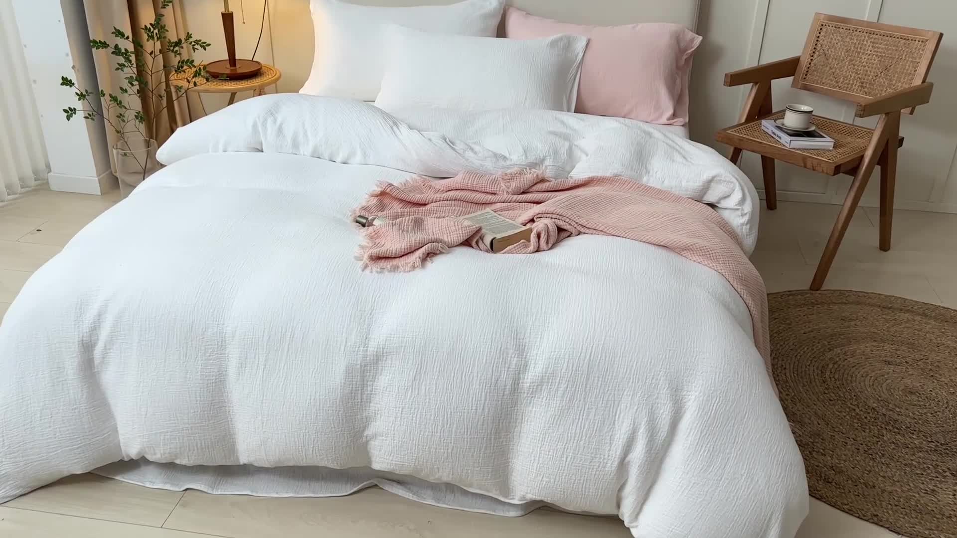 91家纺网 家纺一手货源 找家纺 淑女公社 2022四季新款双层纱皱皱纱肌理纹四件套 奶油白