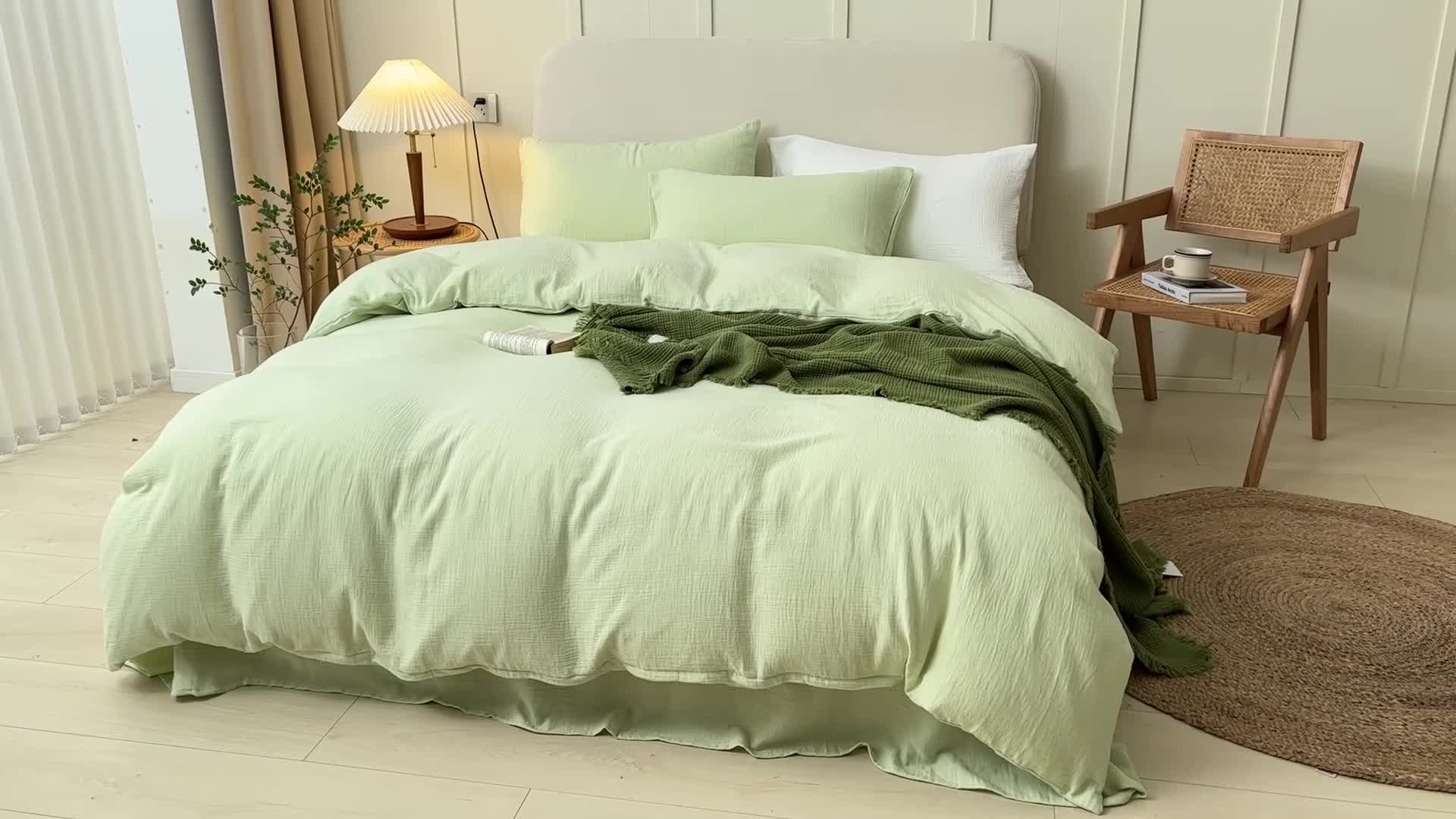 91家纺网 家纺一手货源 找家纺 淑女公社 2022四季新款双层纱皱皱纱肌理纹四件套 浅豆绿