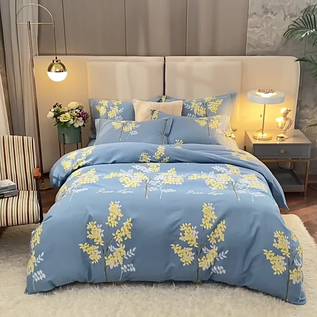 91家纺网 家纺一手货源 找家纺 金纱玉纺 2022新款全棉印花加厚磨毛四件套 寻觅留香-蓝