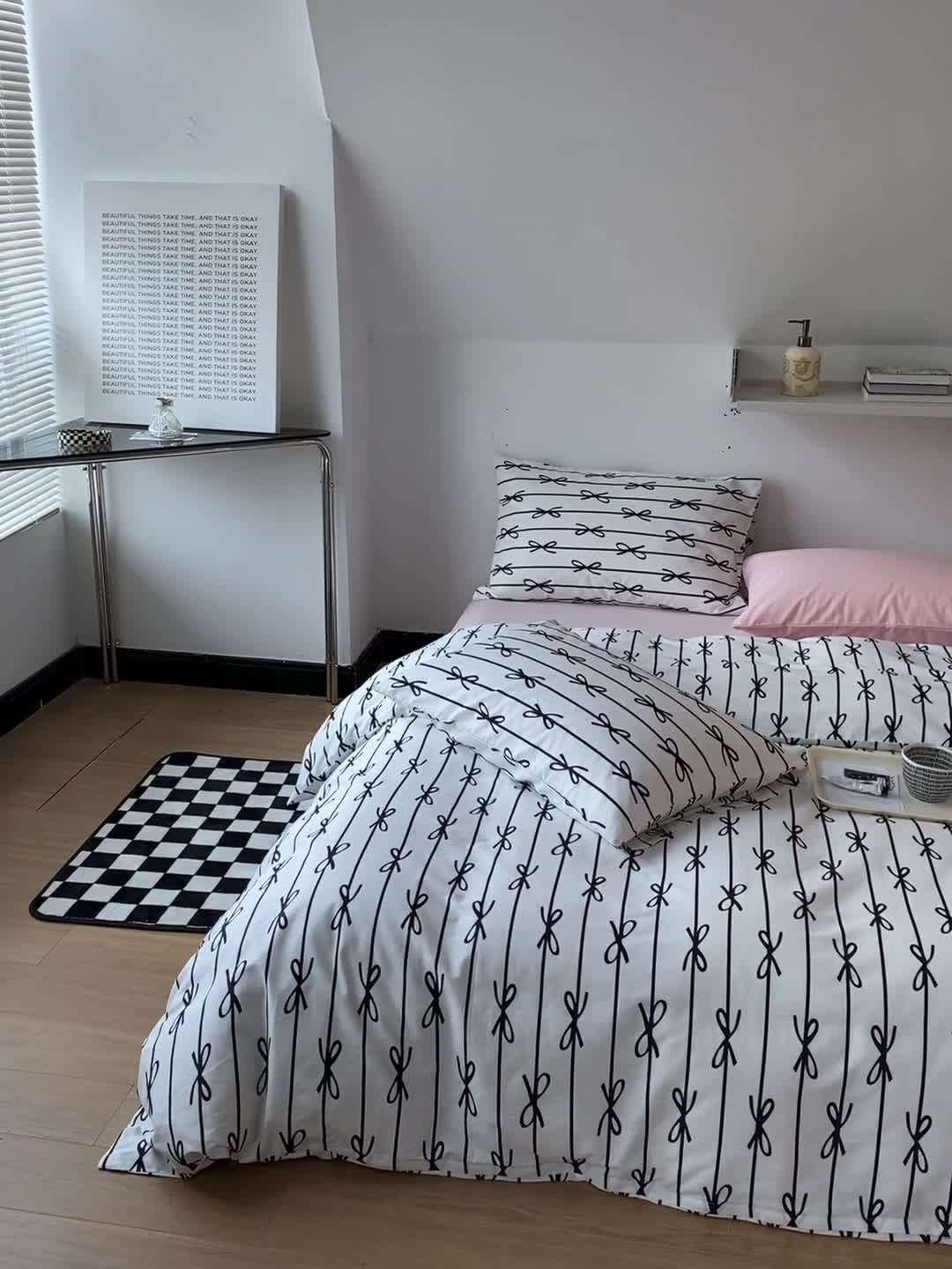 91家纺网 家纺一手货源 找家纺 2022新款40支13372全棉简约风水洗混搭四件套 蝴蝶结