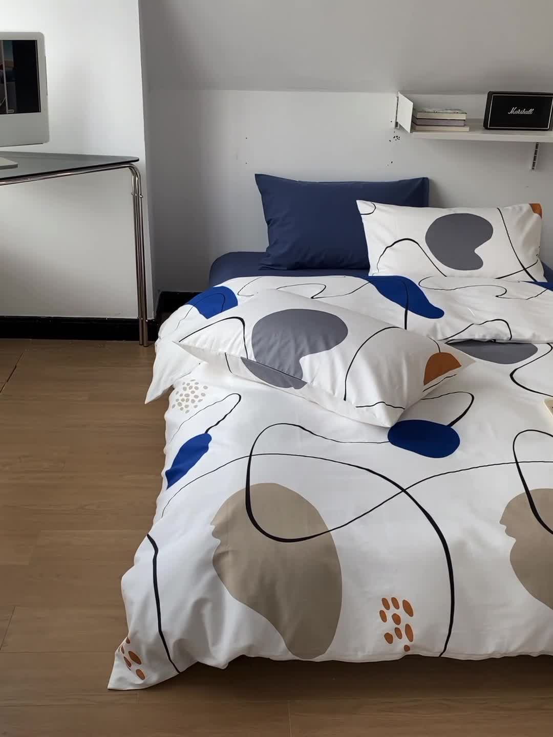 91家纺网 家纺一手货源 找家纺 2022新款40支13372全棉简约风水洗混搭四件套 蓝堡