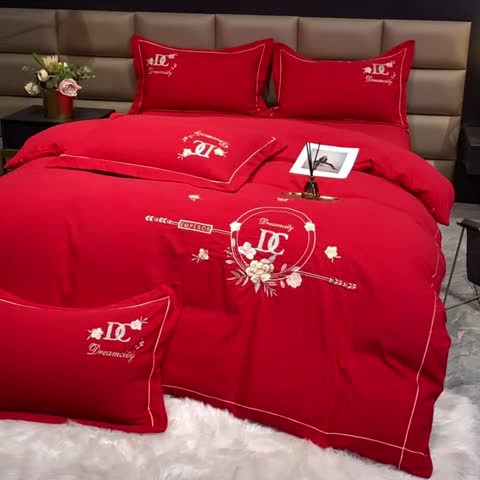 91家纺网 家纺一手货源 找家纺 靓生活 2022新款高克重磨毛刺绣四件套 相爱一生-大红