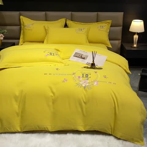 91家纺网 家纺一手货源 找家纺 靓生活 2022新款高克重磨毛刺绣四件套 相爱一生-柠檬黄