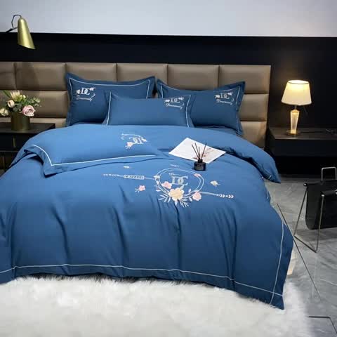 91家纺网 家纺一手货源 找家纺 靓生活 2022新款高克重磨毛刺绣四件套 相爱一生-蔚蓝