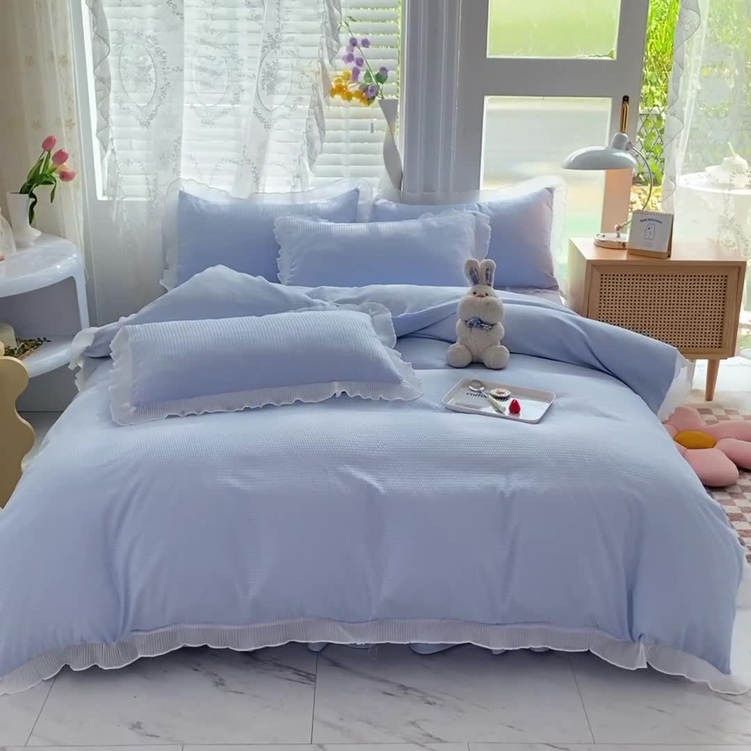 91家纺网 家纺一手货源 找家纺 慕澄家纺 2022新款华夫格雪纺花边四件套 天空蓝