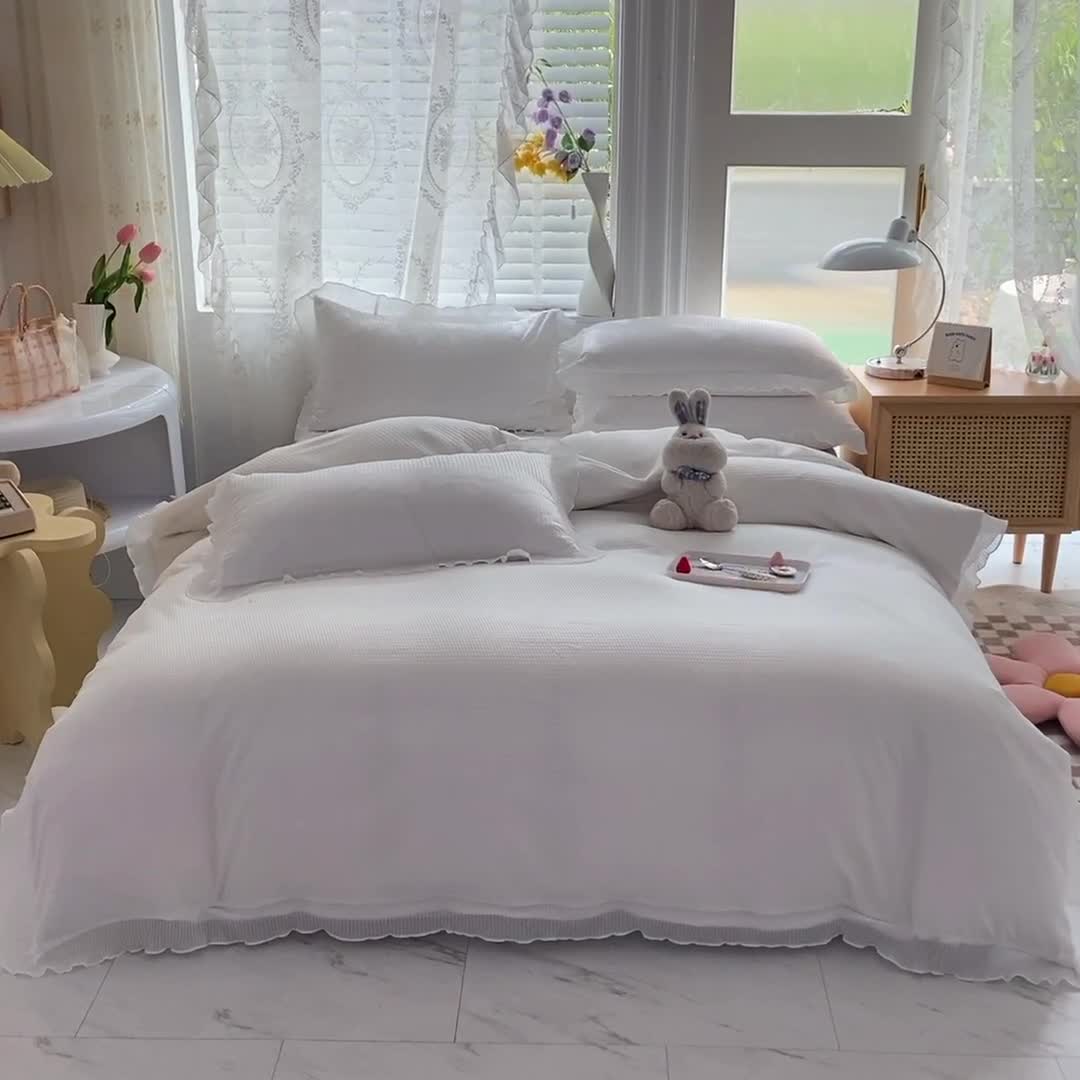 91家纺网 家纺一手货源 找家纺 慕澄家纺 2022新款华夫格雪纺花边四件套 奶白色