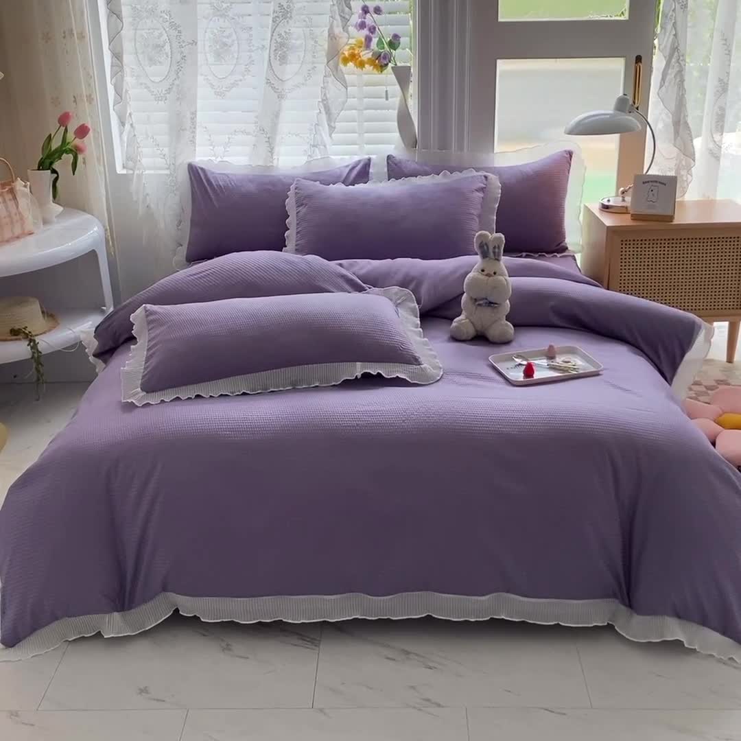 91家纺网 家纺一手货源 找家纺 慕澄家纺 2022新款华夫格雪纺花边四件套 魅惑紫